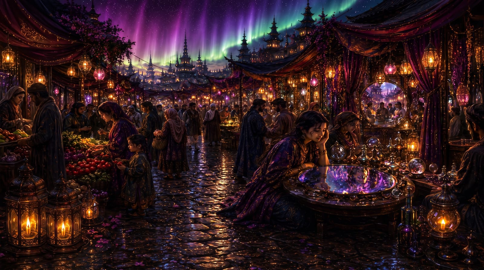 The night bazaar under the aurora